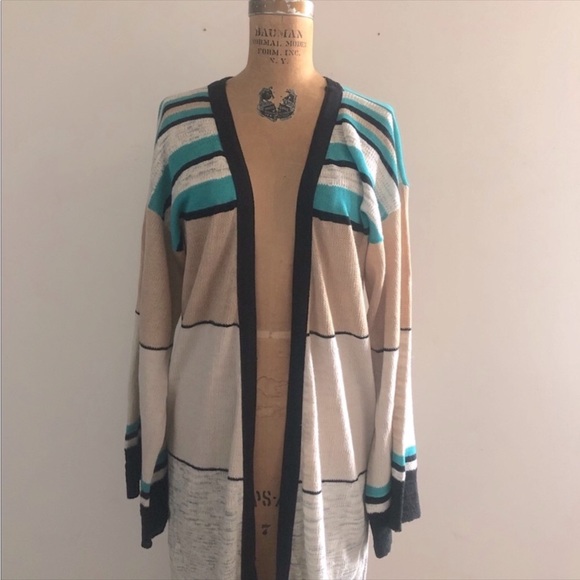 Free people] Linen Tan Black Jade Strips Maxi loose fit sweater kimono Duster - Picture 3 of 9